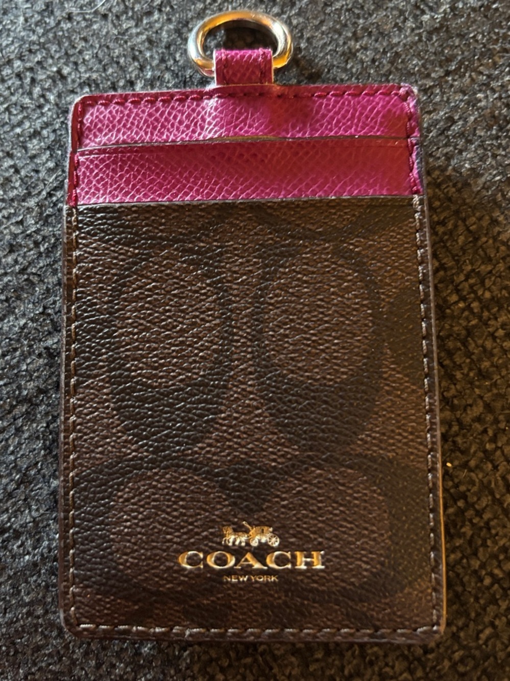 Coach Brown Signature Canvas ID Card Holder with Pink Trim